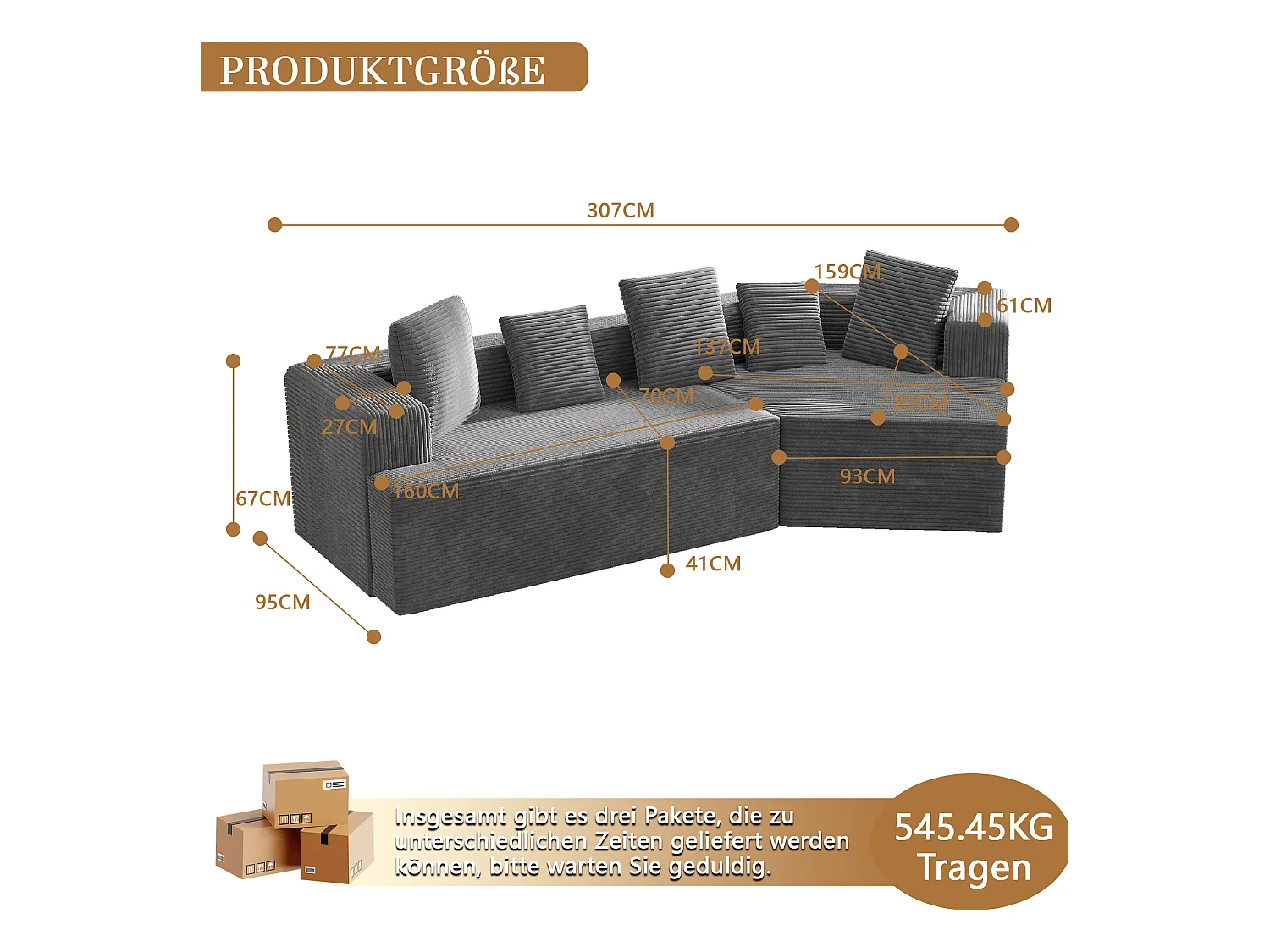Modulares Sofa, Wolkenmuster, Cord, vollständig komprimierte Verpackung, ohne Montage, grau