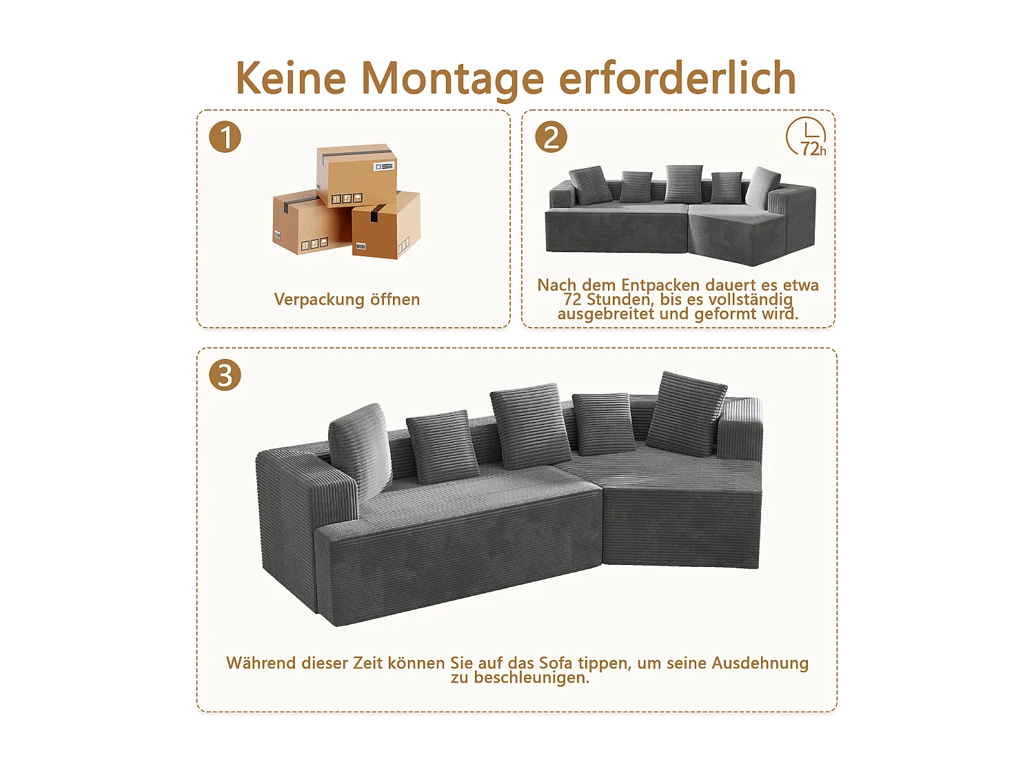 Divano componibile, motivo nuvola, velluto a coste, imballaggio completamente compresso, senza assemblaggio, grigio