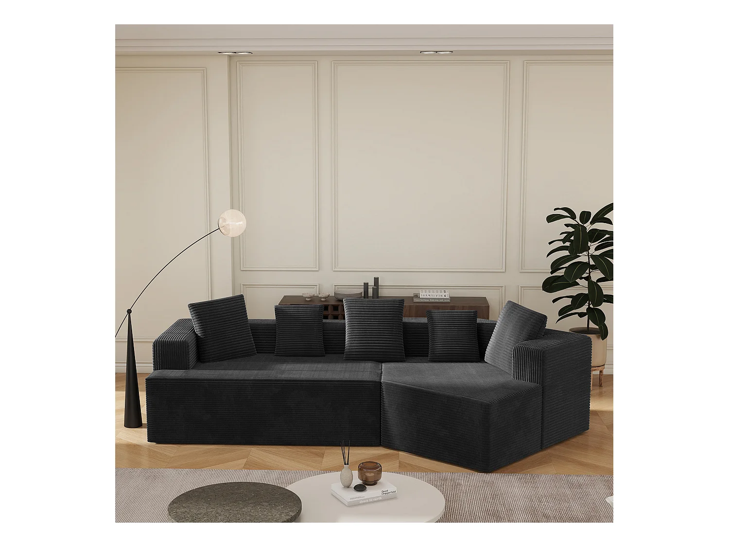 Canapé modulaire, motif nuage, tissu velours côtelé, emballage entièrement compressé, sans assemblage, noir.