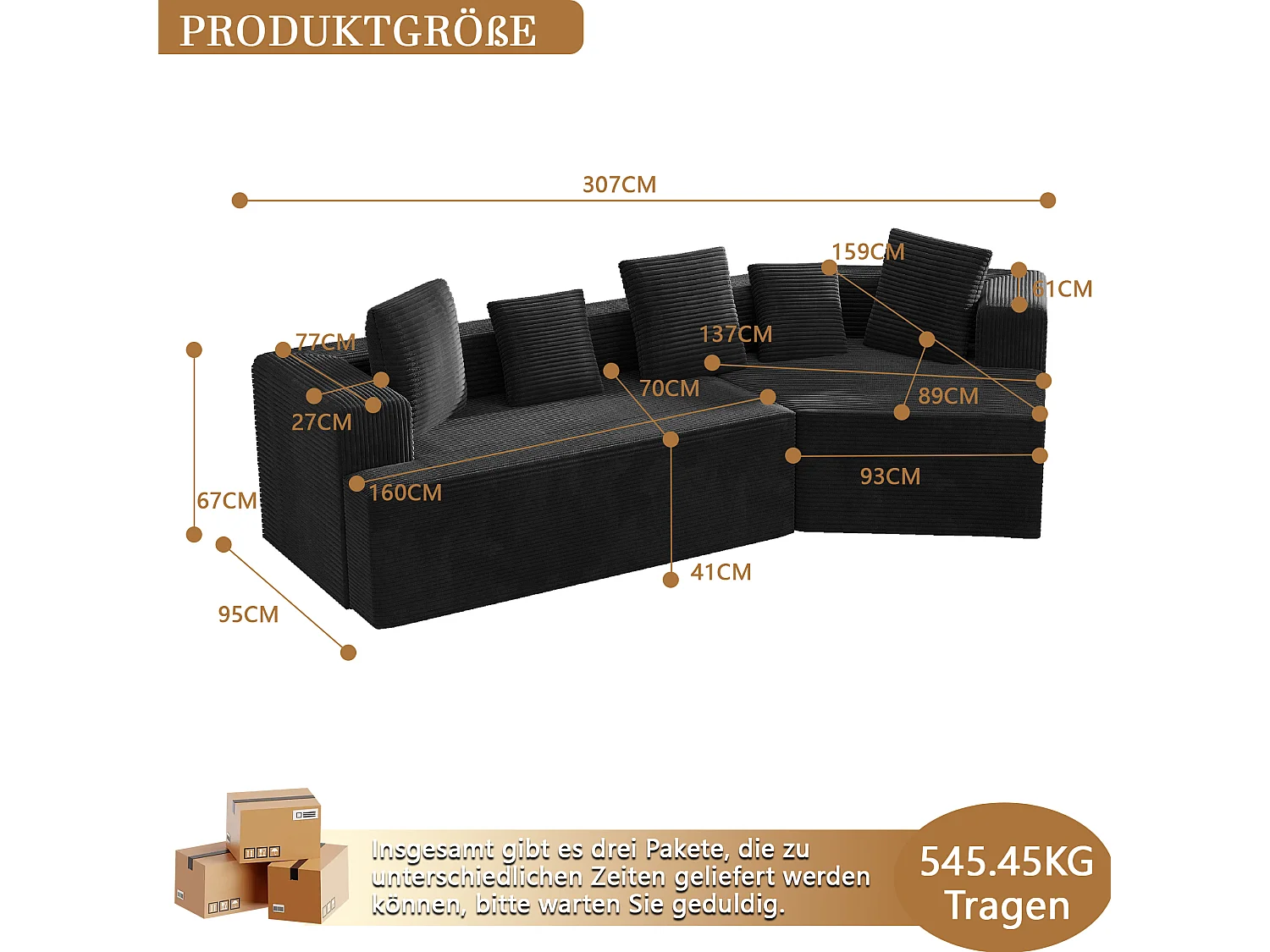 Modulaire bank, wolkenmotief, corduroy, volledig gecomprimeerde verpakking, zonder montage, zwart.