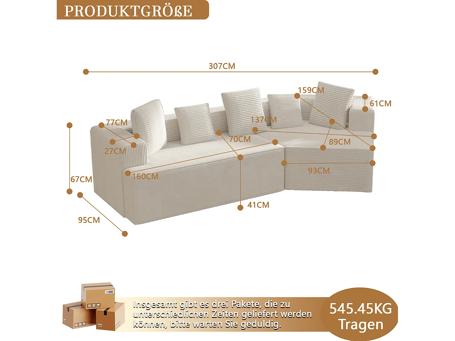 Canapé modulaire, avec motif nuage, velours côtelé, emballage entièrement compressé, sans assemblage, blanc