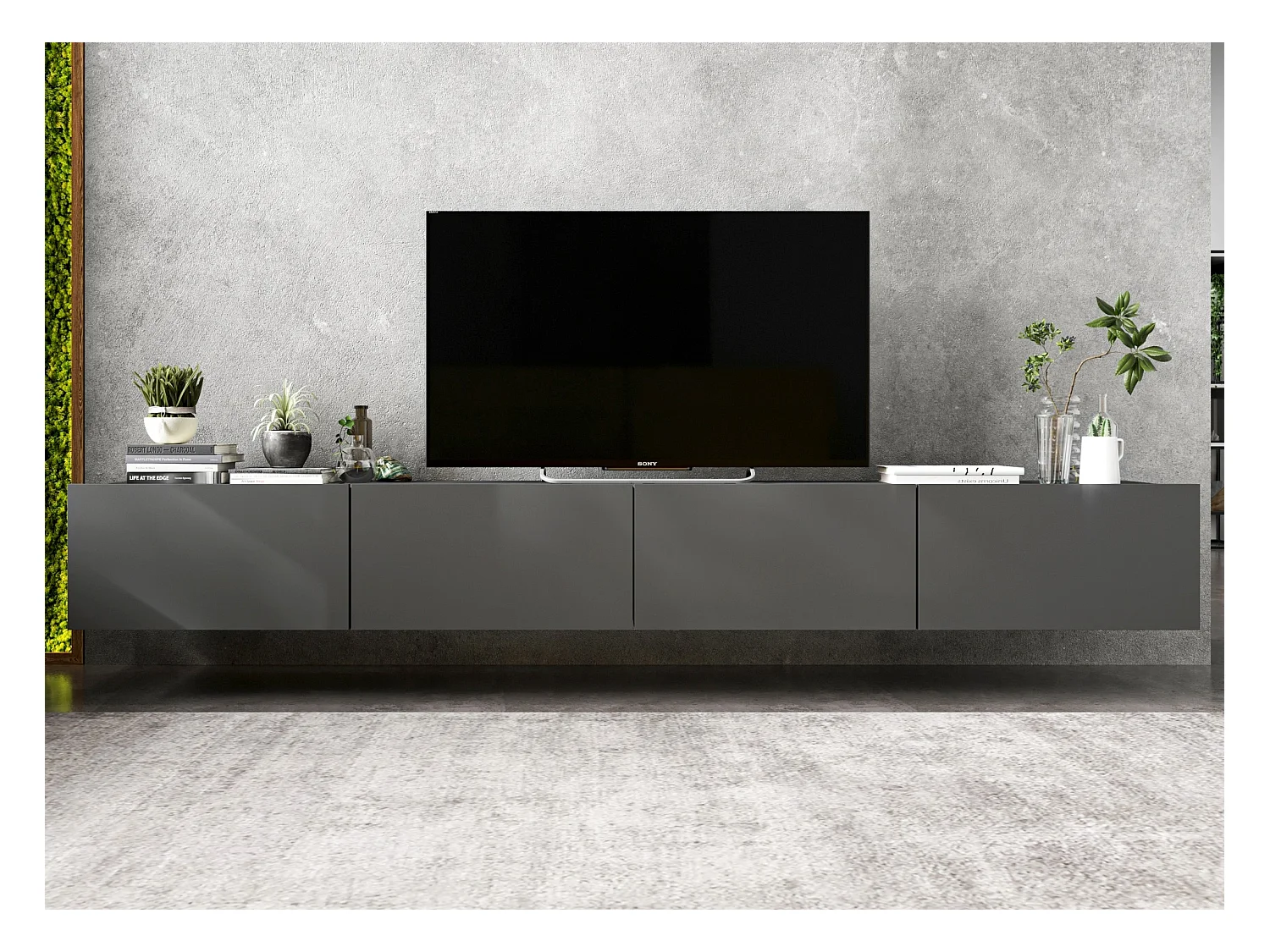 Meuble TV suspendu avec 4 portes - corps Graphite mat, façades Graphite mat - 240 cm