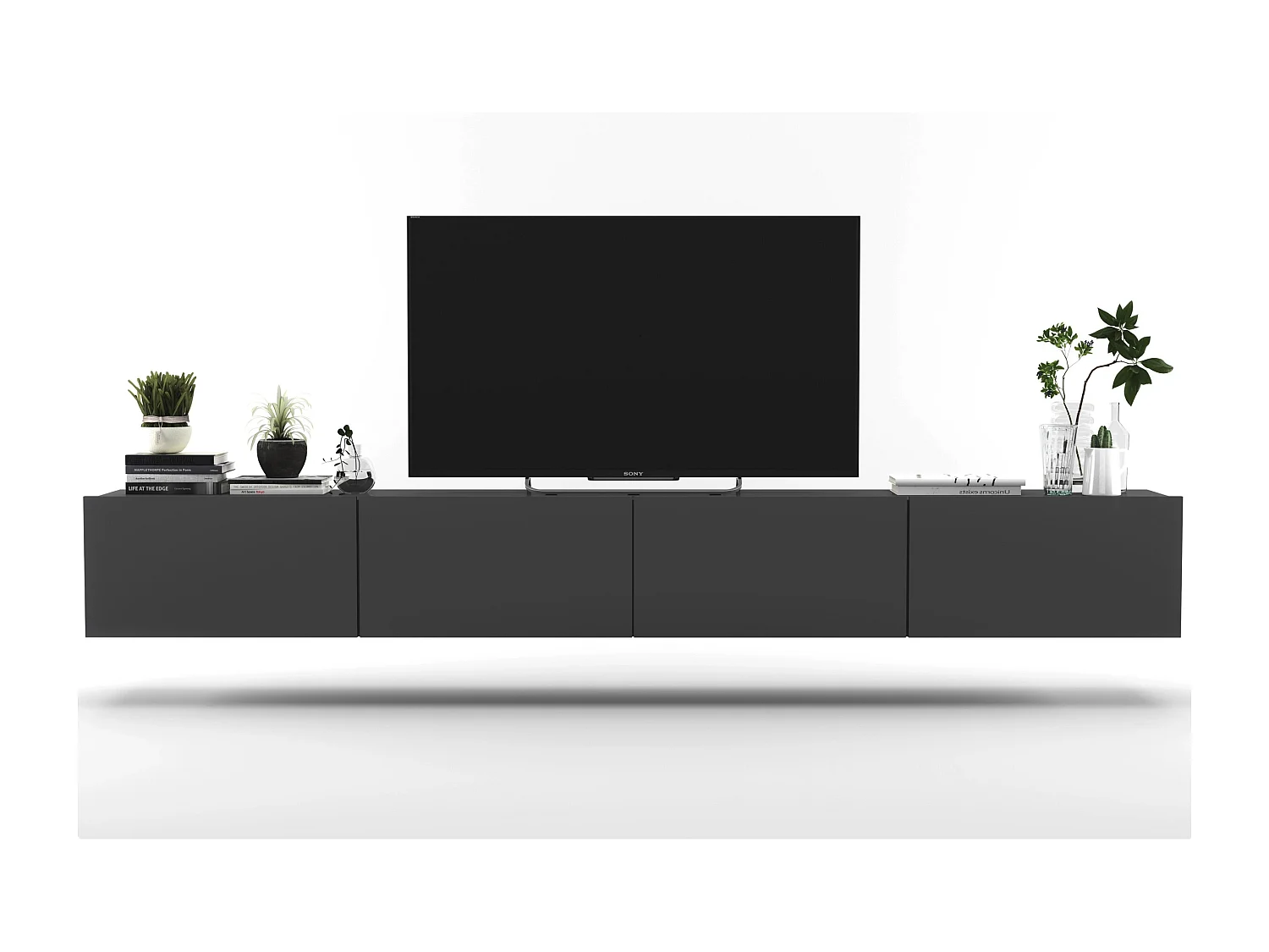 Meuble TV suspendu avec 4 portes - corps Graphite mat, façades Graphite mat - 240 cm