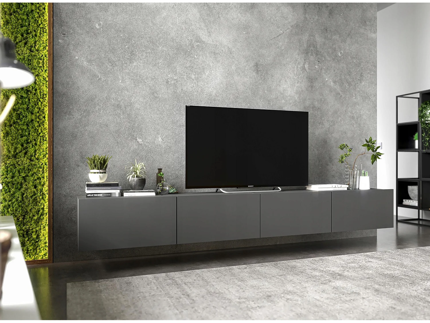 Meuble TV suspendu avec 4 portes - corps Graphite mat, façades Graphite mat - 240 cm