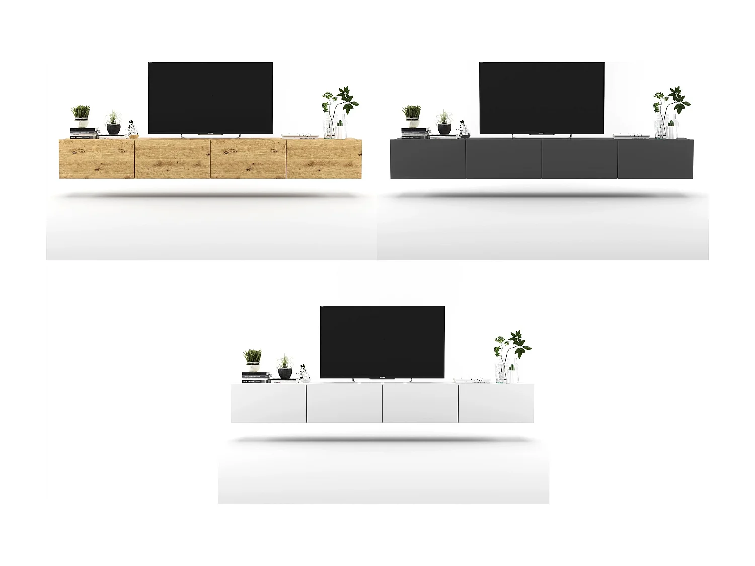 Meuble TV suspendu avec 4 portes - corps Graphite mat, façades Graphite mat - 240 cm