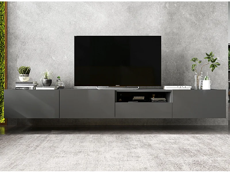 Meuble TV suspendu avec 3 portes et niche, tiroir - corps Graphite mat, façades Graphite mat - 240 cm