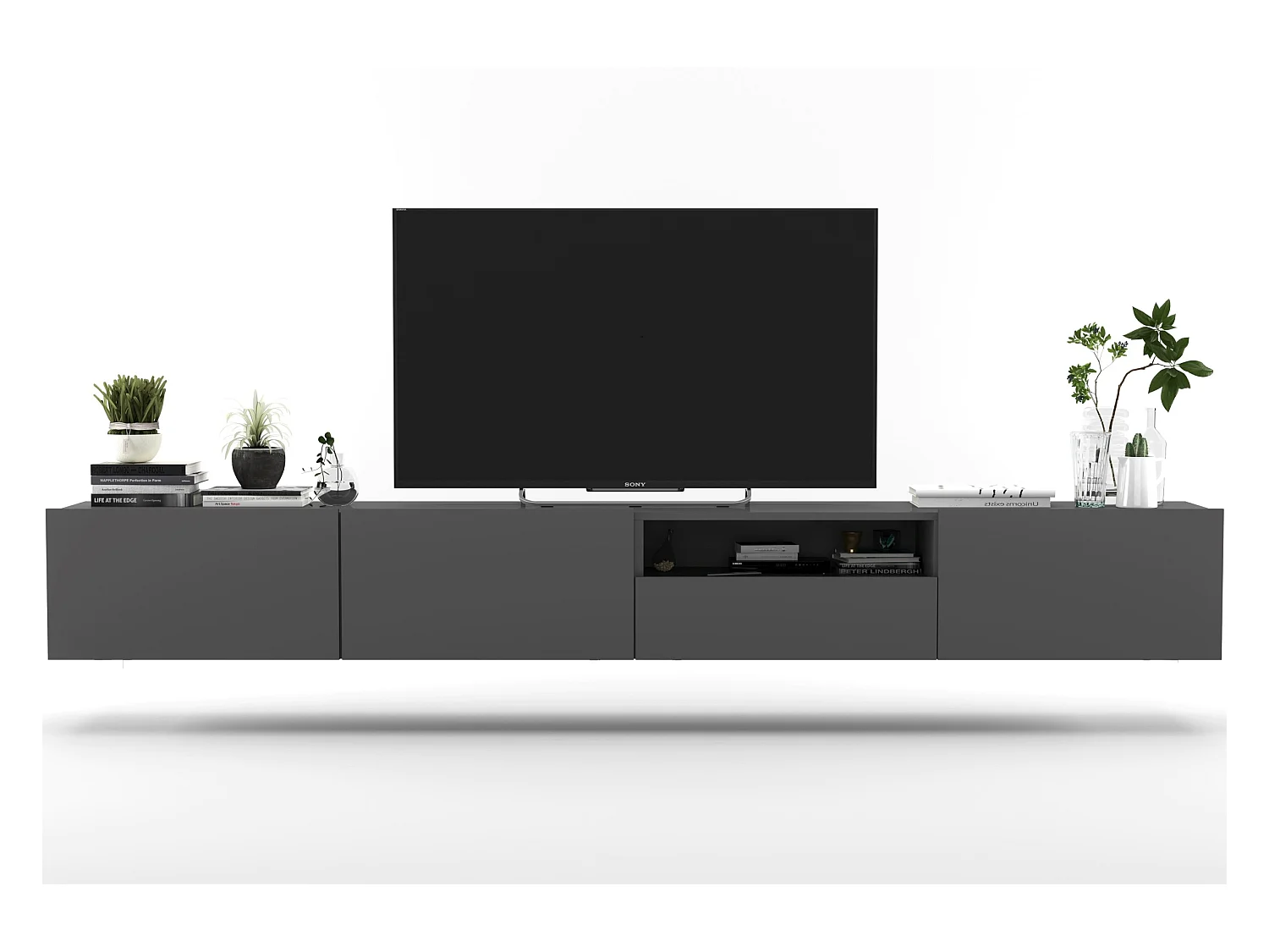 Meuble TV suspendu avec 3 portes et niche, tiroir - corps Graphite mat, façades Graphite mat - 240 cm