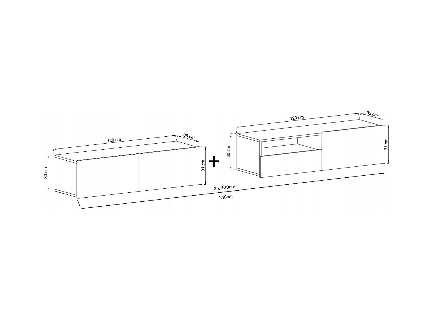 Meuble TV suspendu avec 3 portes et niche, tiroir - corps Graphite mat, façades Graphite mat - 240 cm