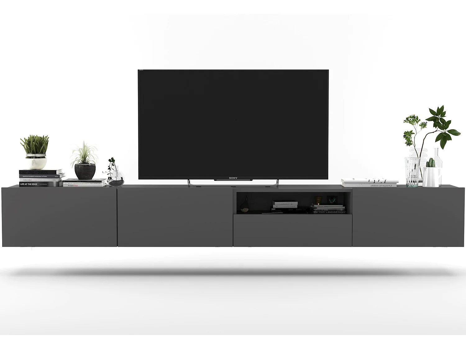 Meuble TV suspendu avec 3 portes et niche, tiroir - corps Graphite mat, façades Graphite mat - 240 cm