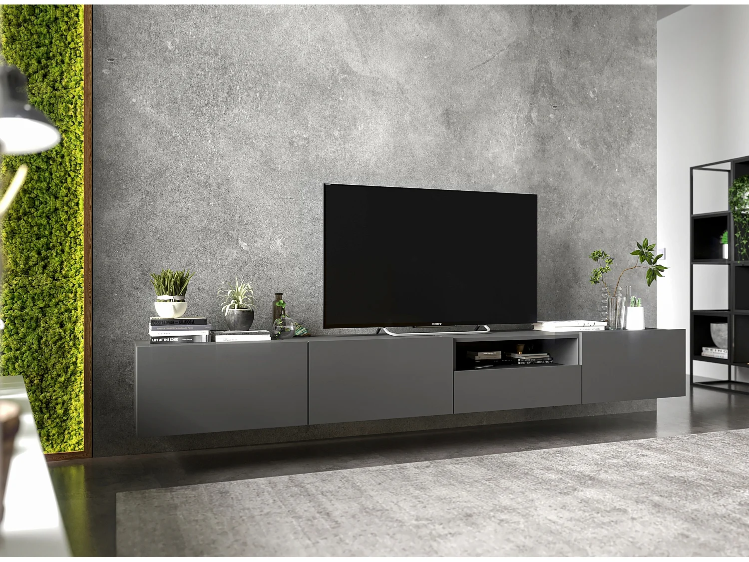 Meuble TV suspendu avec 3 portes et niche, tiroir - corps Graphite mat, façades Graphite mat - 240 cm