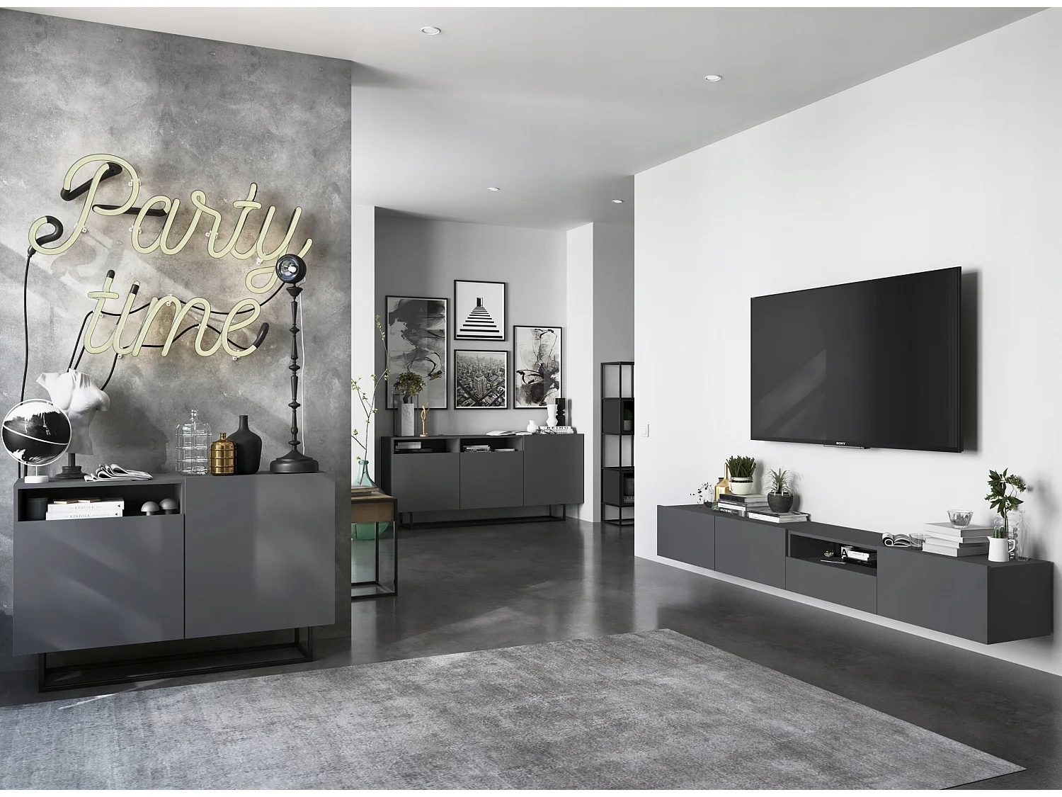 Meuble TV suspendu avec 3 portes et niche, tiroir - corps Graphite mat, façades Graphite mat - 240 cm