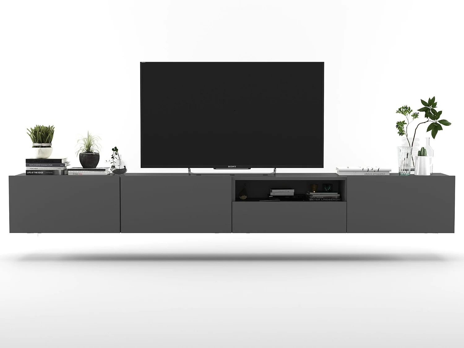 Móvel de TV suspenso com 3 portas e nicho, gaveta - corpo Grafite mate, frentes Grafite mate - 240 cm