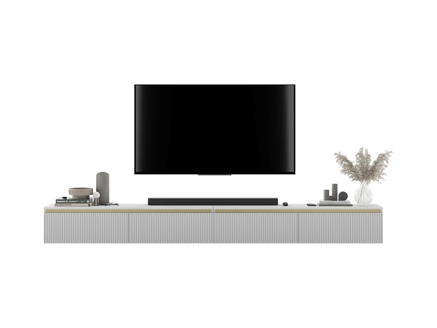 Meuble TV suspendu avec 4 portes - Corps Blanc mat, façades rainurées Blanc mat - 280 cm