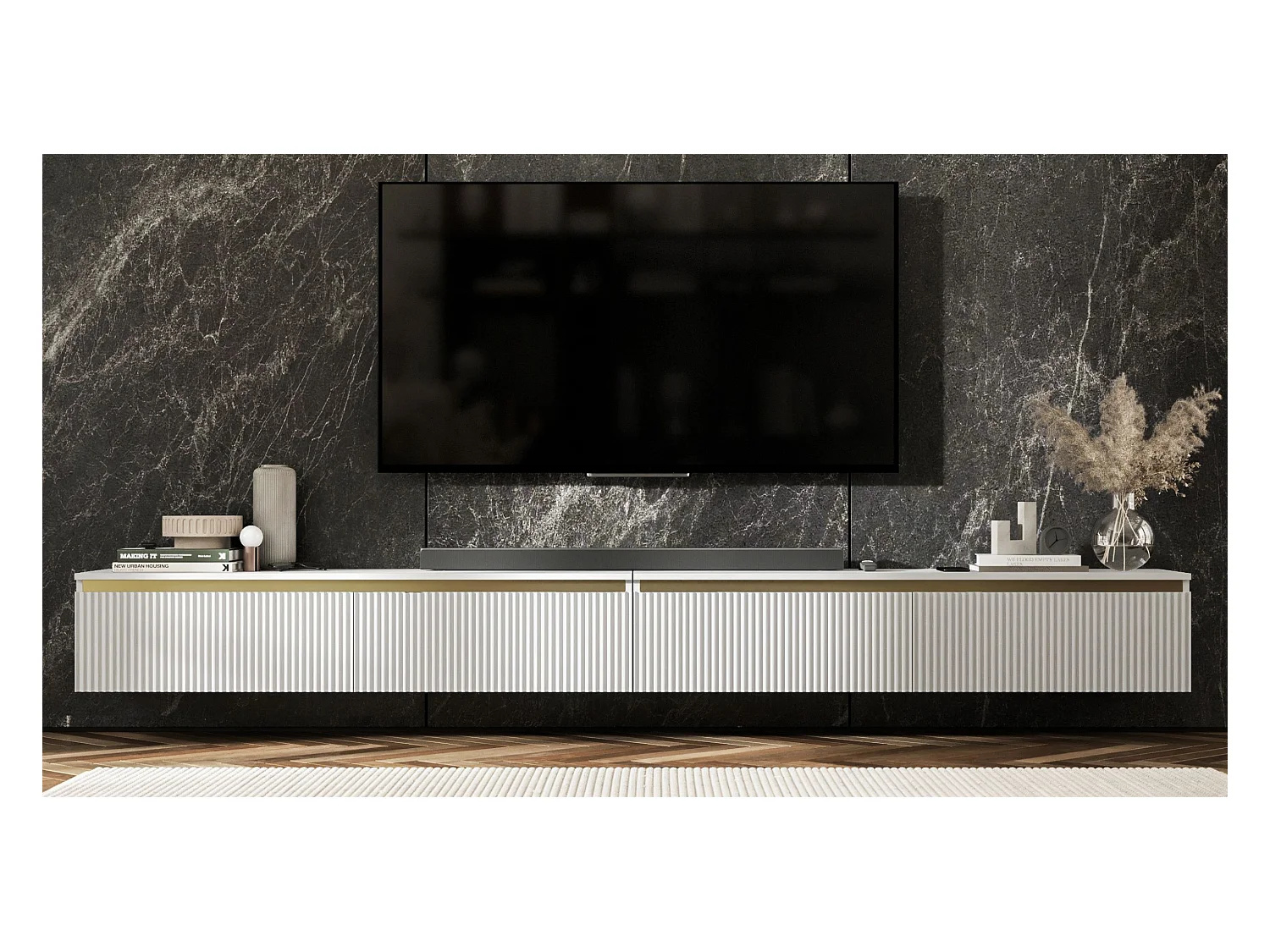 Meuble TV suspendu avec 4 portes - Corps Blanc mat, façades rainurées Blanc mat - 280 cm