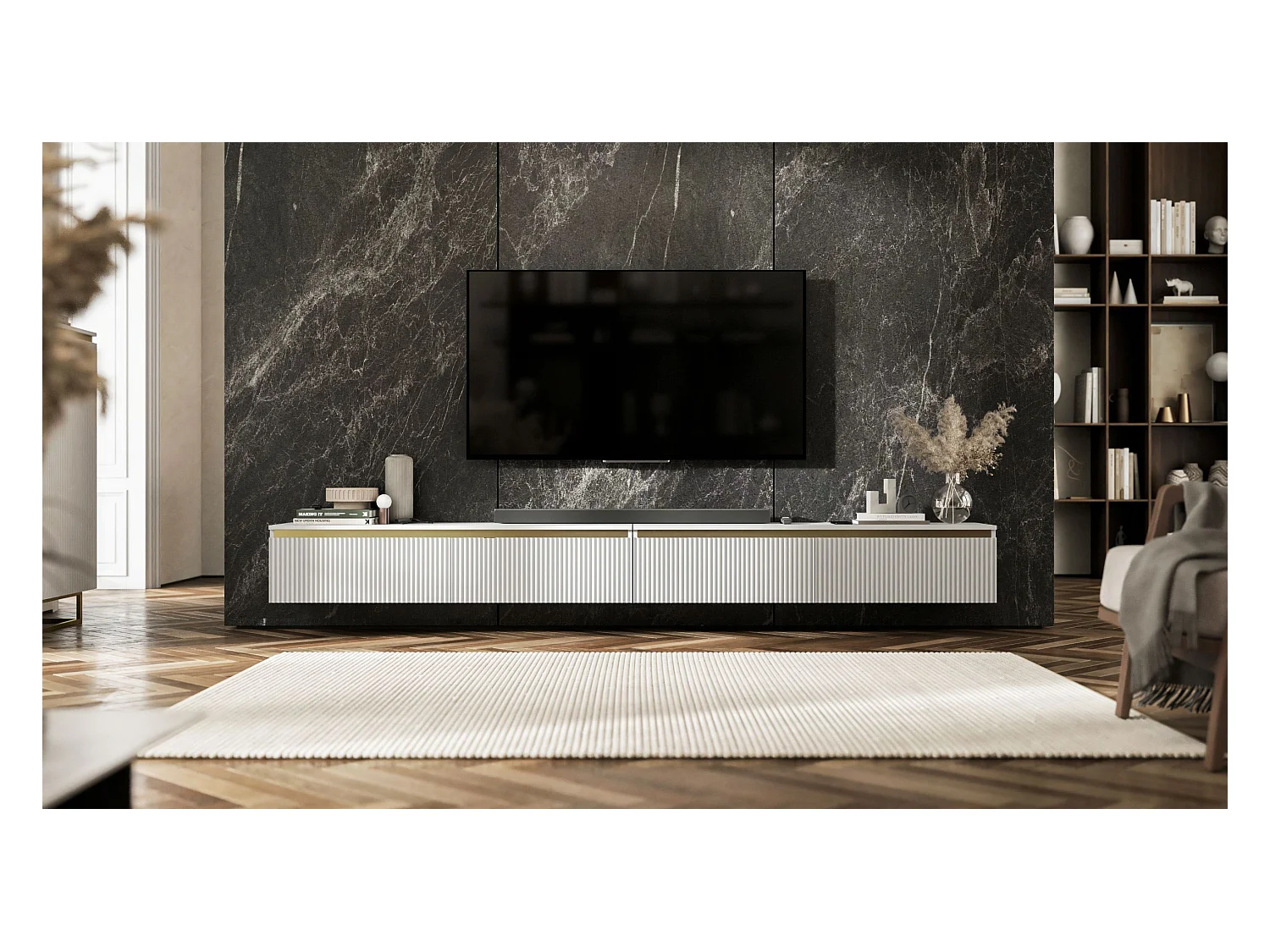 Meuble TV suspendu avec 4 portes - Corps Blanc mat, façades rainurées Blanc mat - 280 cm