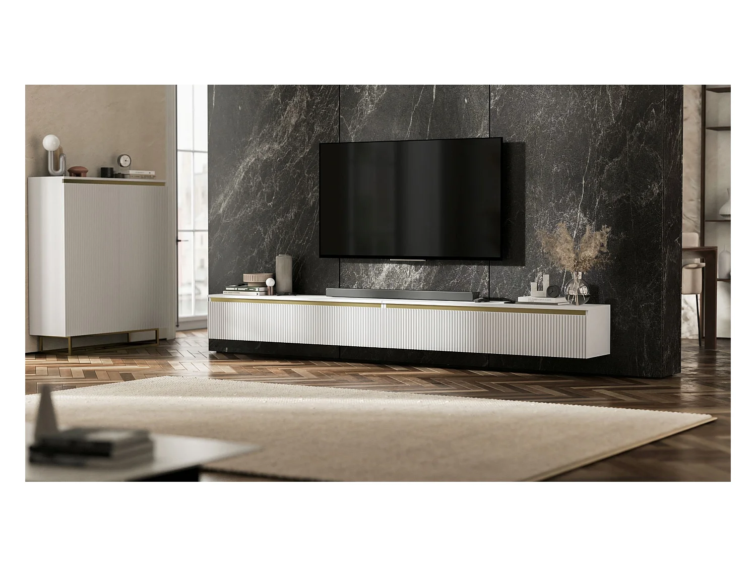 Meuble TV suspendu avec 4 portes - Corps Blanc mat, façades rainurées Blanc mat - 280 cm