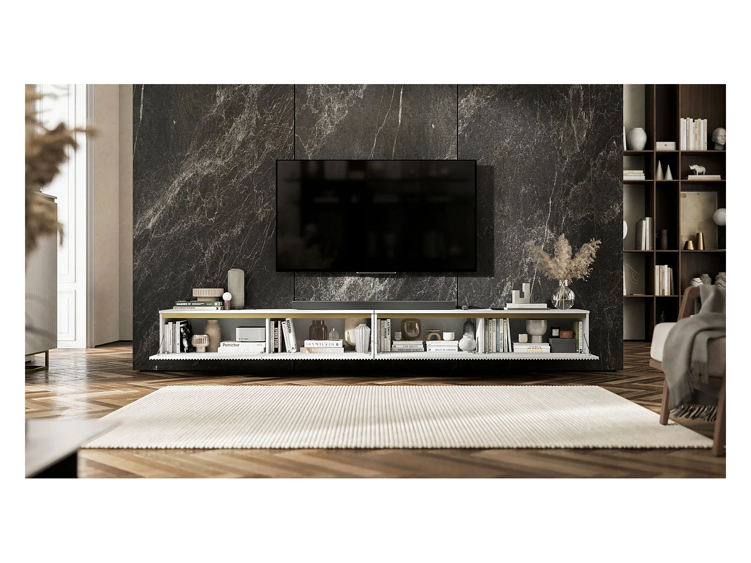 Meuble TV suspendu avec 4 portes - Corps Blanc mat, façades rainurées Blanc mat - 280 cm