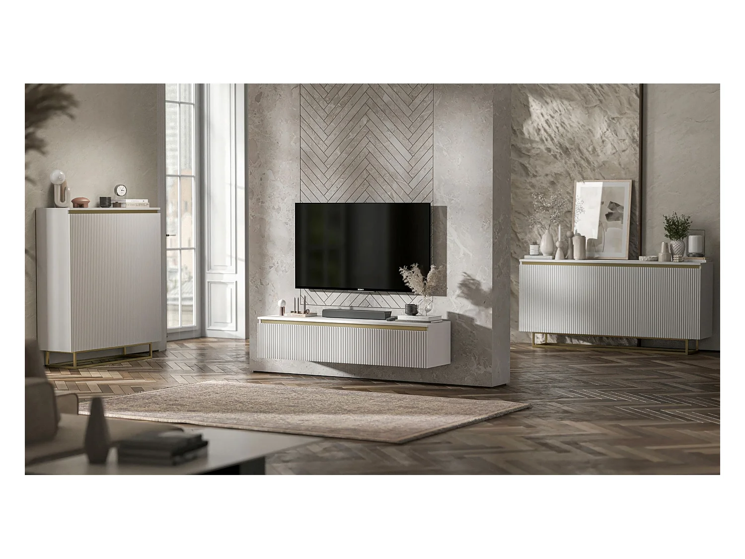 Meuble TV suspendu avec 4 portes - Corps Blanc mat, façades rainurées Blanc mat - 280 cm