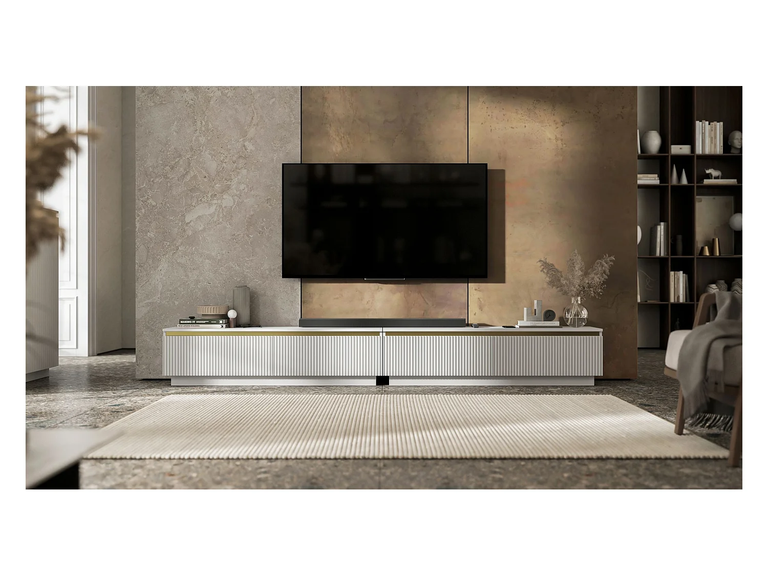 Meuble TV suspendu avec 4 portes - Corps Blanc mat, façades rainurées Blanc mat - 280 cm