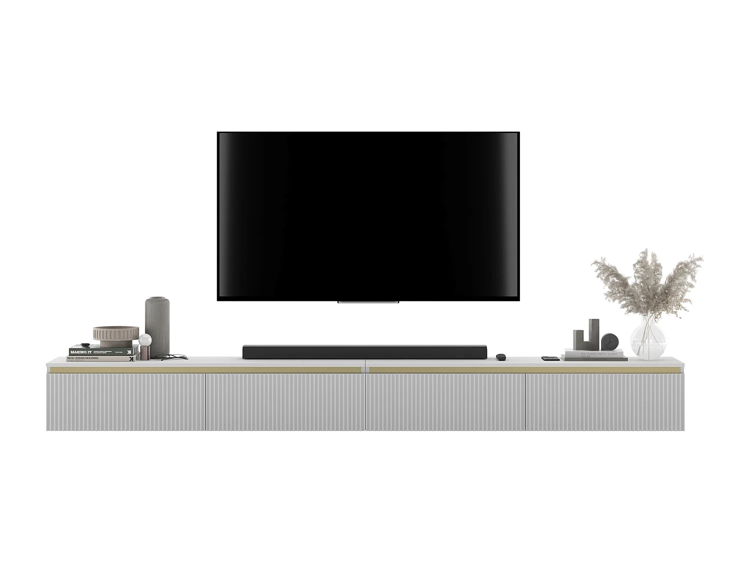 Meuble TV suspendu avec 4 portes - Corps Blanc mat, façades rainurées Blanc mat - 280 cm