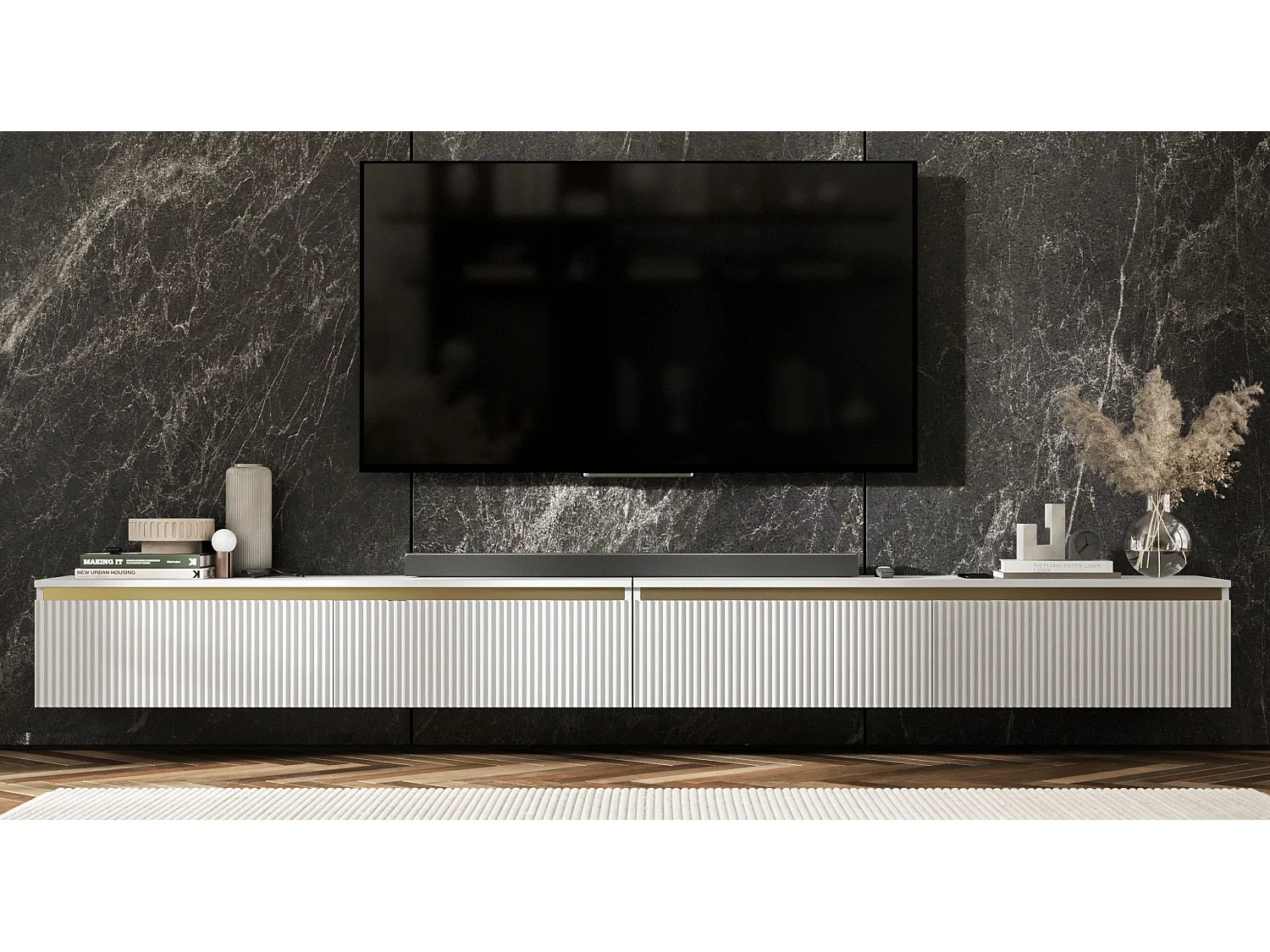 Meuble TV suspendu avec 4 portes - Corps Blanc mat, façades rainurées Blanc mat - 280 cm