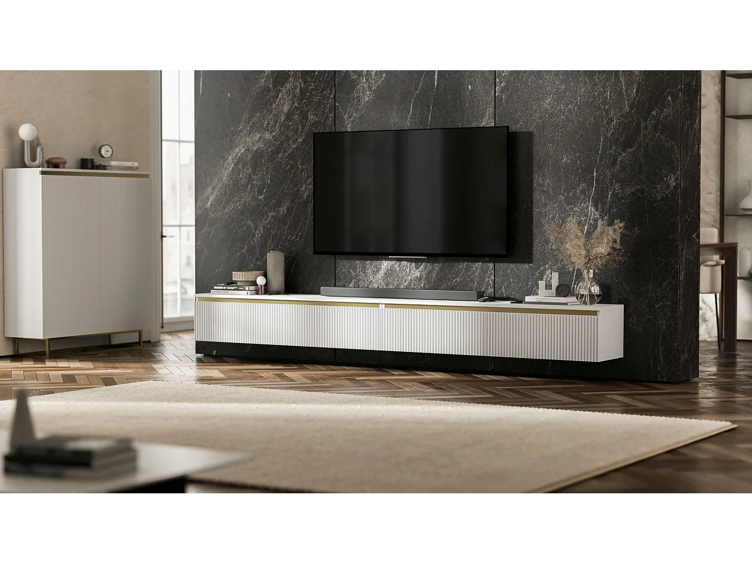 Meuble TV suspendu avec 4 portes - Corps Blanc mat, façades rainurées Blanc mat - 280 cm