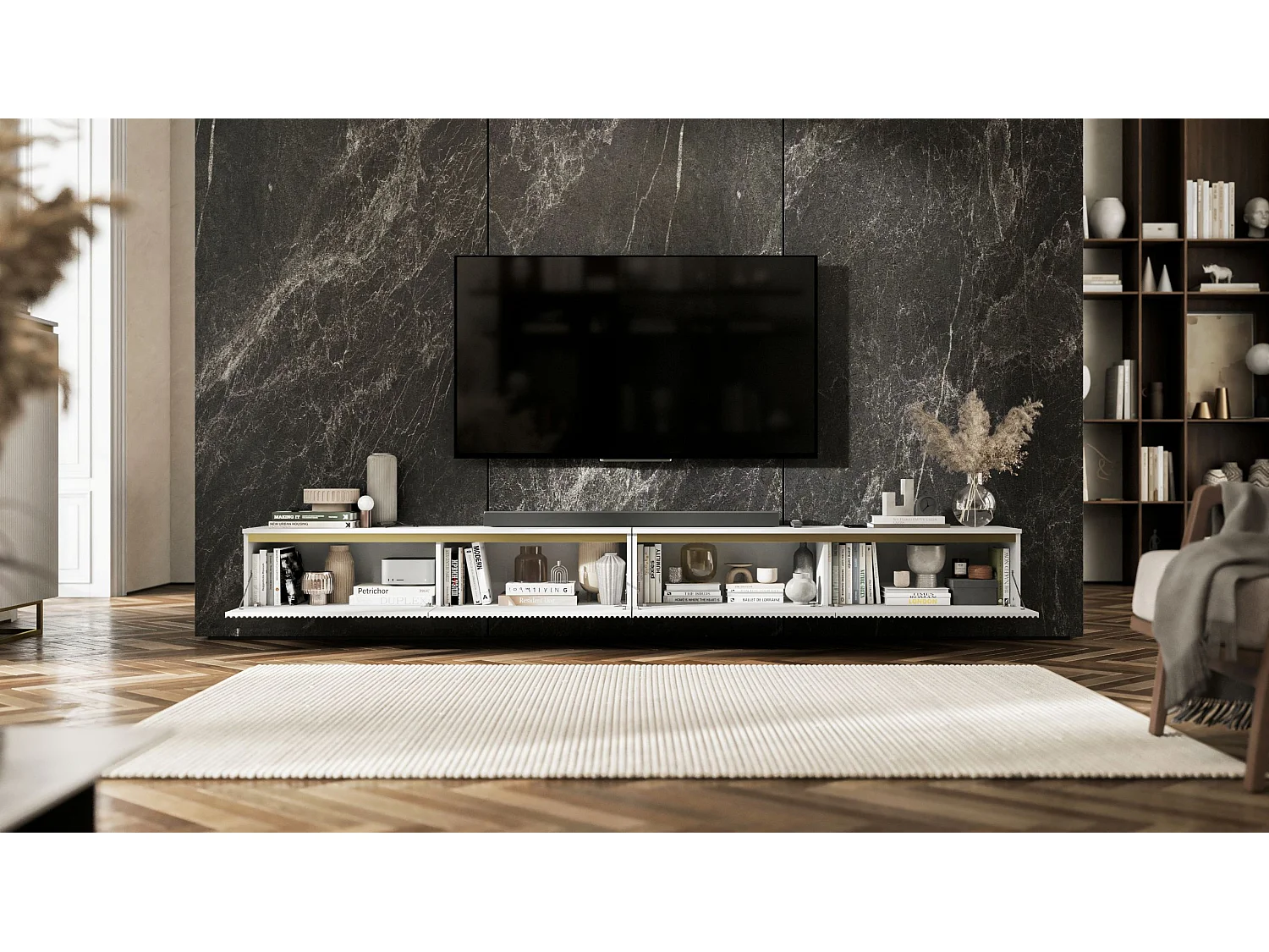 Meuble TV suspendu avec 4 portes - Corps Blanc mat, façades rainurées Blanc mat - 280 cm