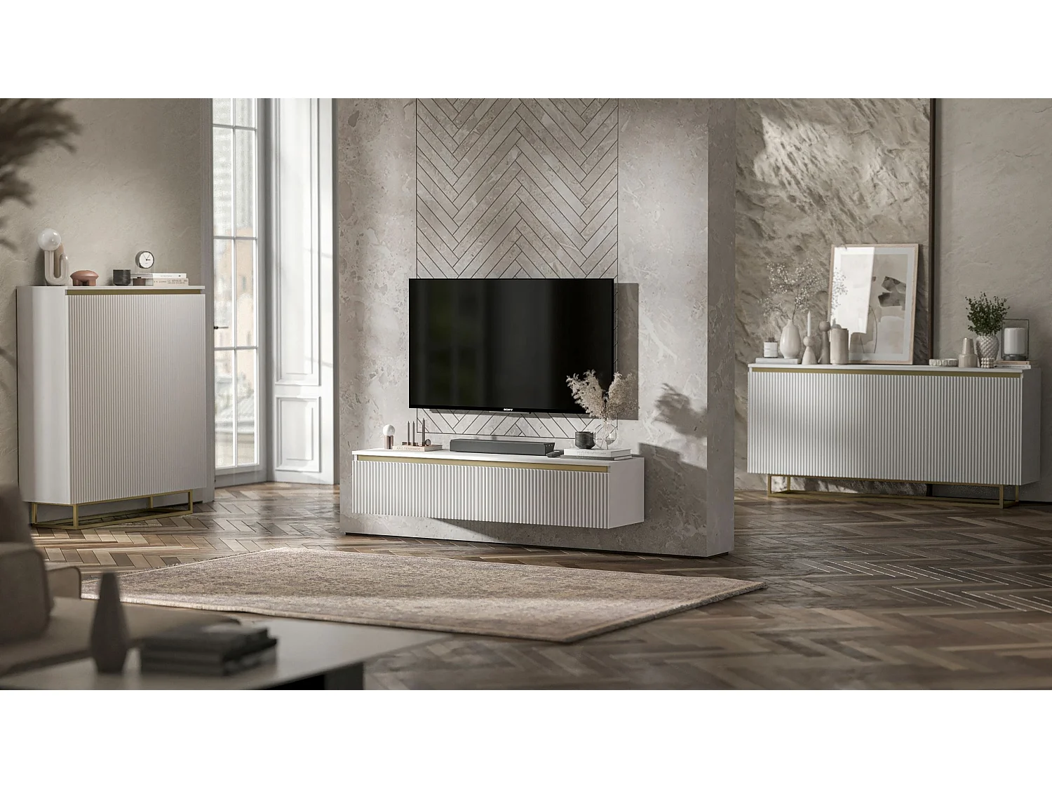 Meuble TV suspendu avec 4 portes - Corps Blanc mat, façades rainurées Blanc mat - 280 cm