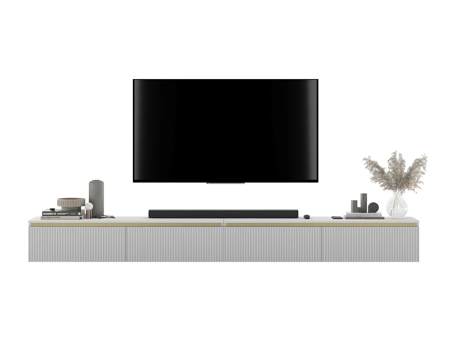Meuble TV suspendu avec 4 portes - Corps Blanc mat, façades rainurées Blanc mat - 280 cm