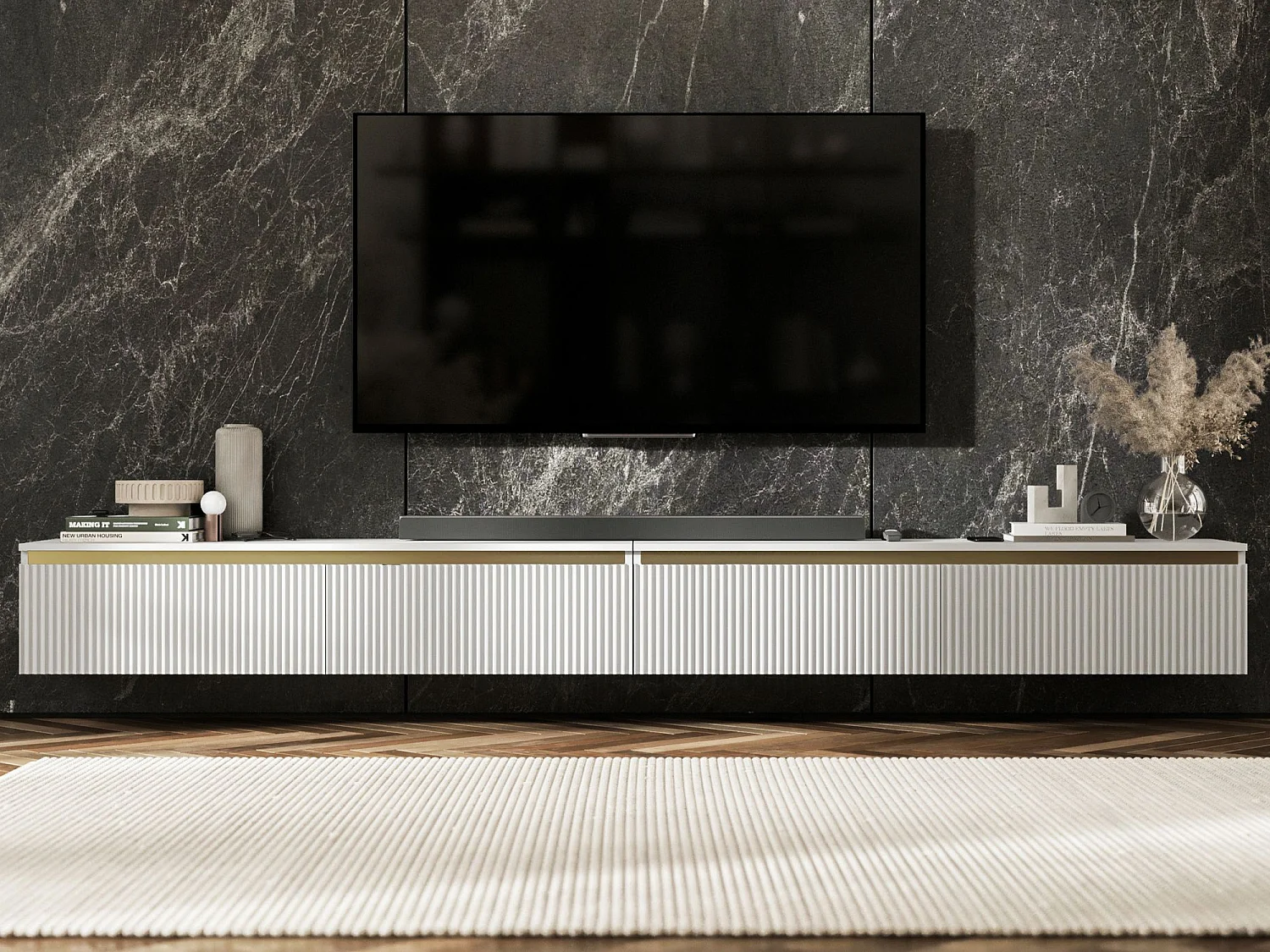 Meuble TV suspendu avec 4 portes - Corps Blanc mat, façades rainurées Blanc mat - 280 cm