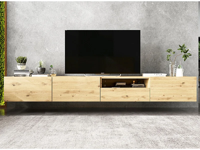 Meuble TV suspendu avec 3 portes et niche, tiroir - corps Artisan Chêne mat, façades Artisan Chêne mat - 240 cm