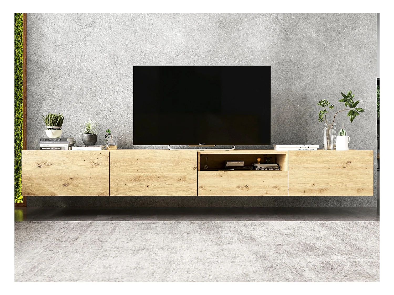 Meuble TV suspendu avec 3 portes et niche, tiroir - corps Artisan Chêne mat, façades Artisan Chêne mat - 240 cm