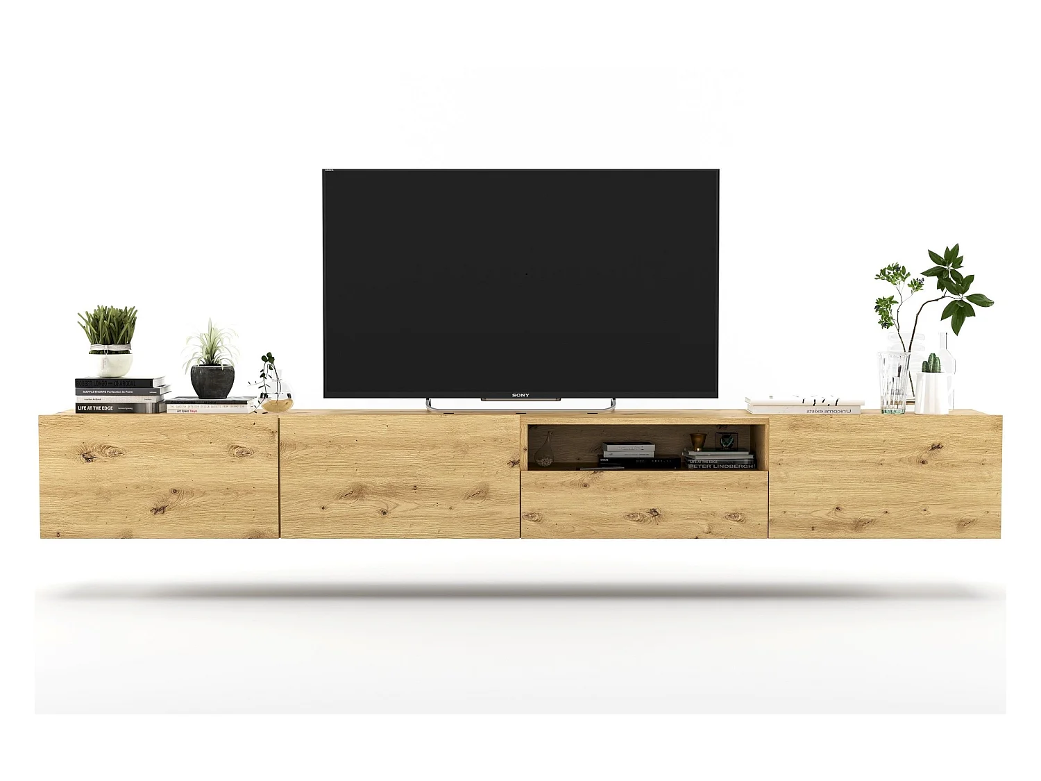 Meuble TV suspendu avec 3 portes et niche, tiroir - corps Artisan Chêne mat, façades Artisan Chêne mat - 240 cm