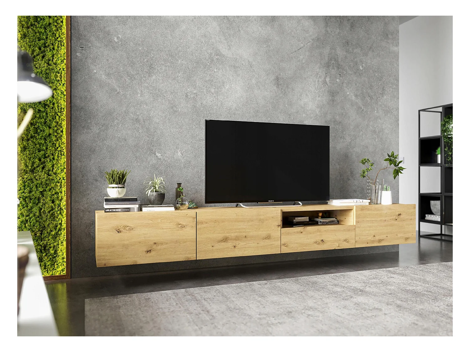 Meuble TV suspendu avec 3 portes et niche, tiroir - corps Artisan Chêne mat, façades Artisan Chêne mat - 240 cm