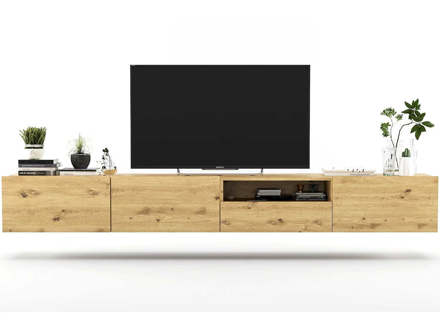 Meuble TV suspendu avec 3 portes et niche, tiroir - corps Artisan Chêne mat, façades Artisan Chêne mat - 240 cm