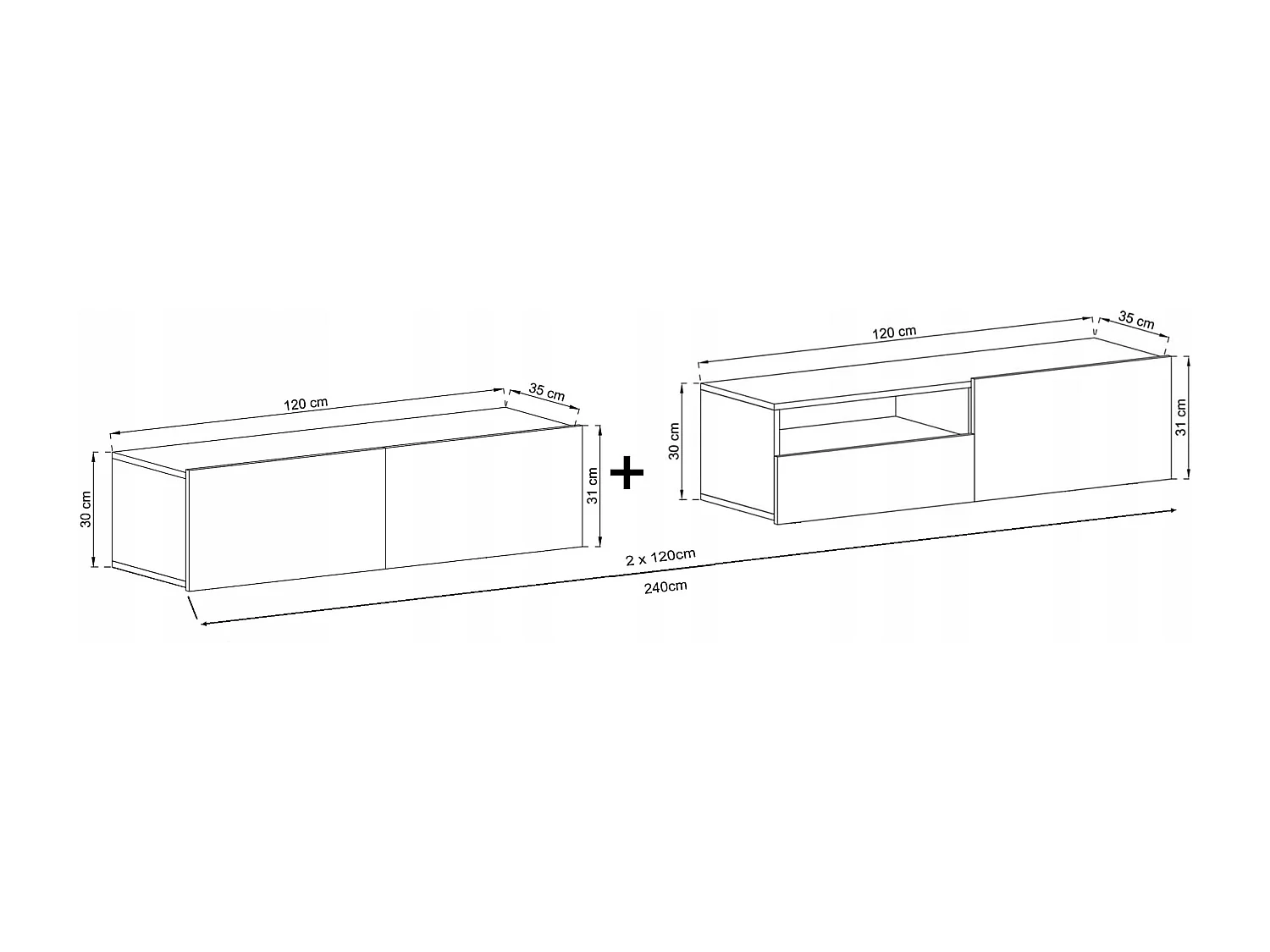 Meuble TV suspendu avec 3 portes et niche, tiroir - corps Artisan Chêne mat, façades Artisan Chêne mat - 240 cm