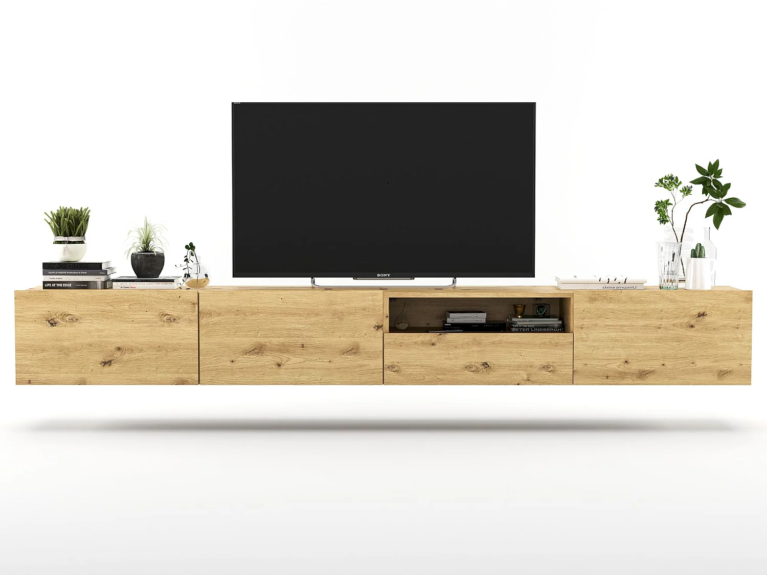 Móvel de TV suspenso com 3 portas e nicho, gaveta - corpo Carvalho artisan fosco, frentes Carvalho artisan fosco - 240 cm