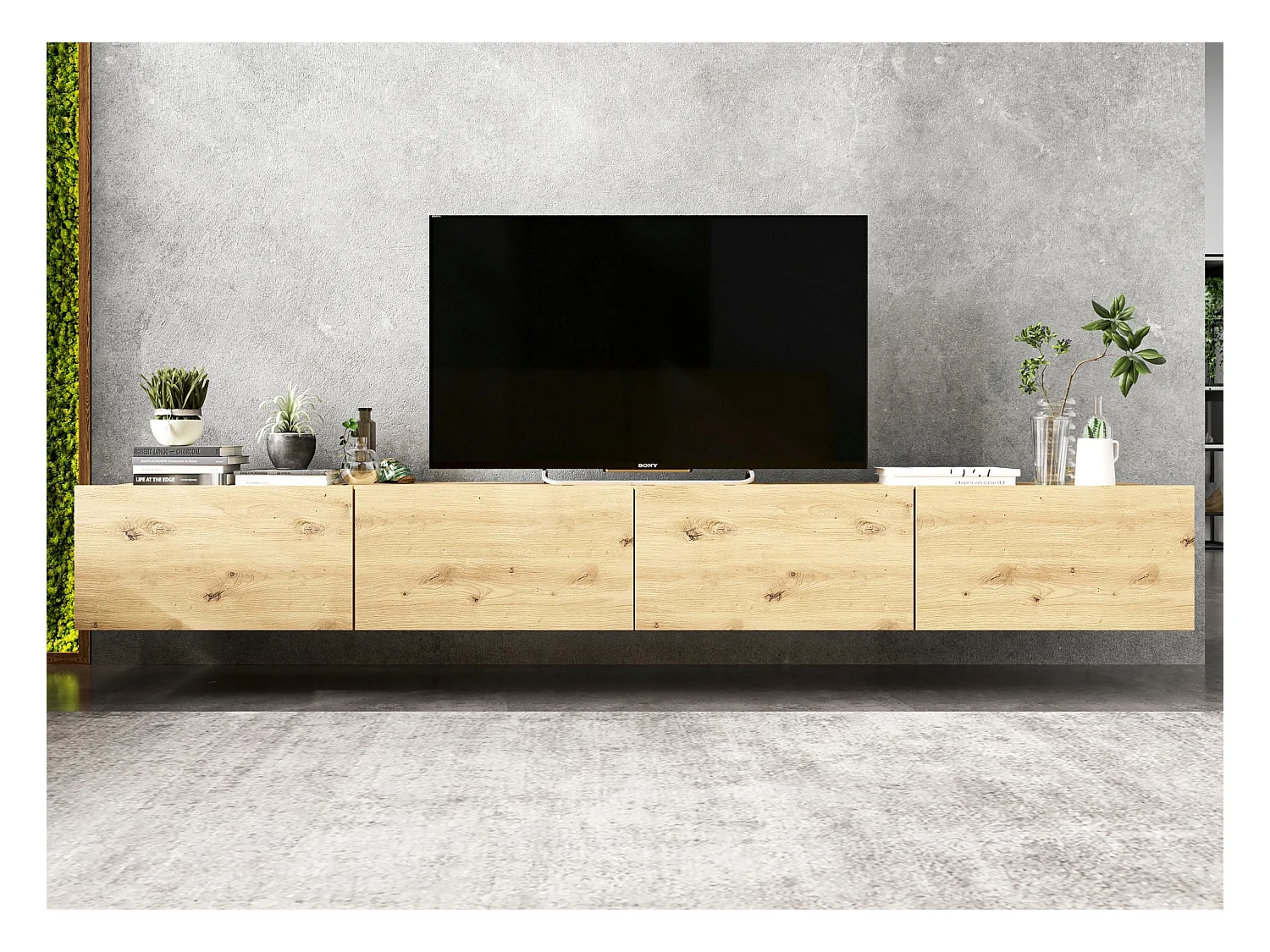 Meuble TV suspendu avec 4 portes - corps Chêne artisanal mat, façades Chêne artisanal mat - 240 cm