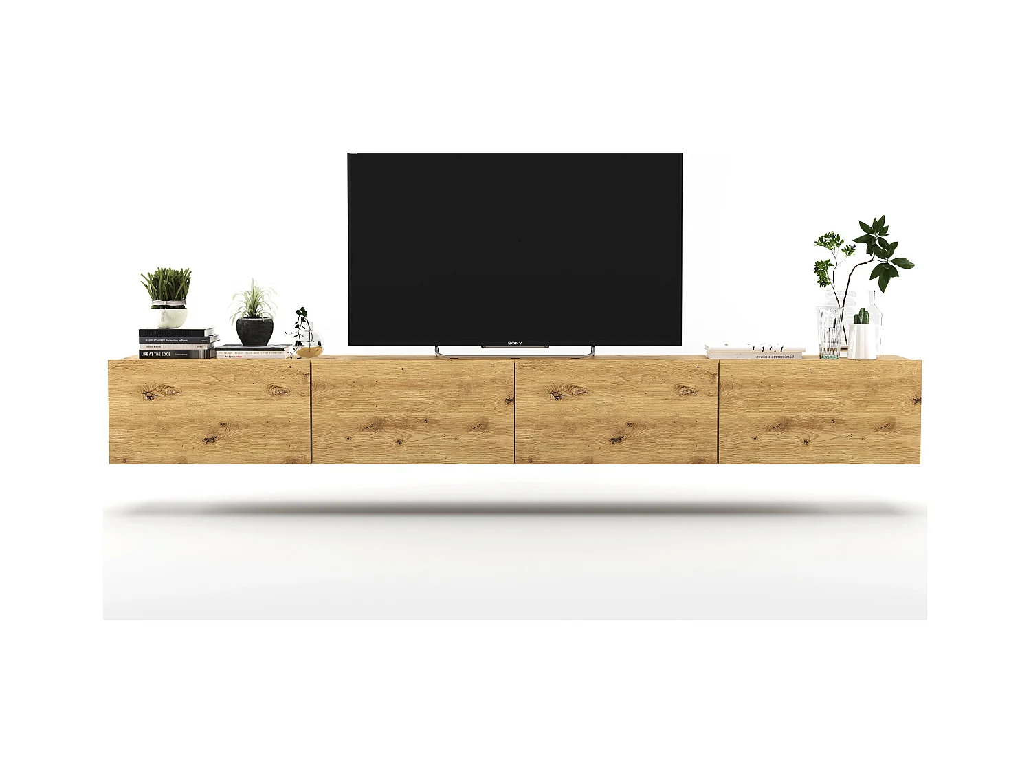 Meuble TV suspendu avec 4 portes - corps Chêne artisanal mat, façades Chêne artisanal mat - 240 cm