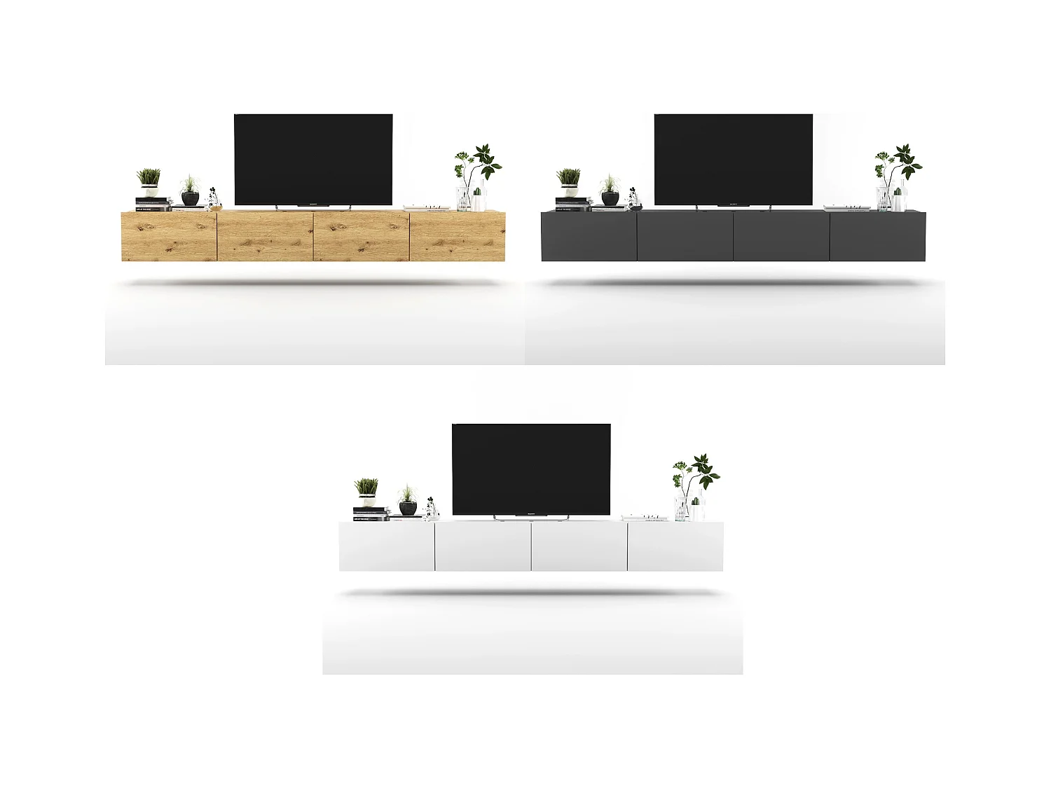 Meuble TV suspendu avec 4 portes - corps Chêne artisanal mat, façades Chêne artisanal mat - 240 cm