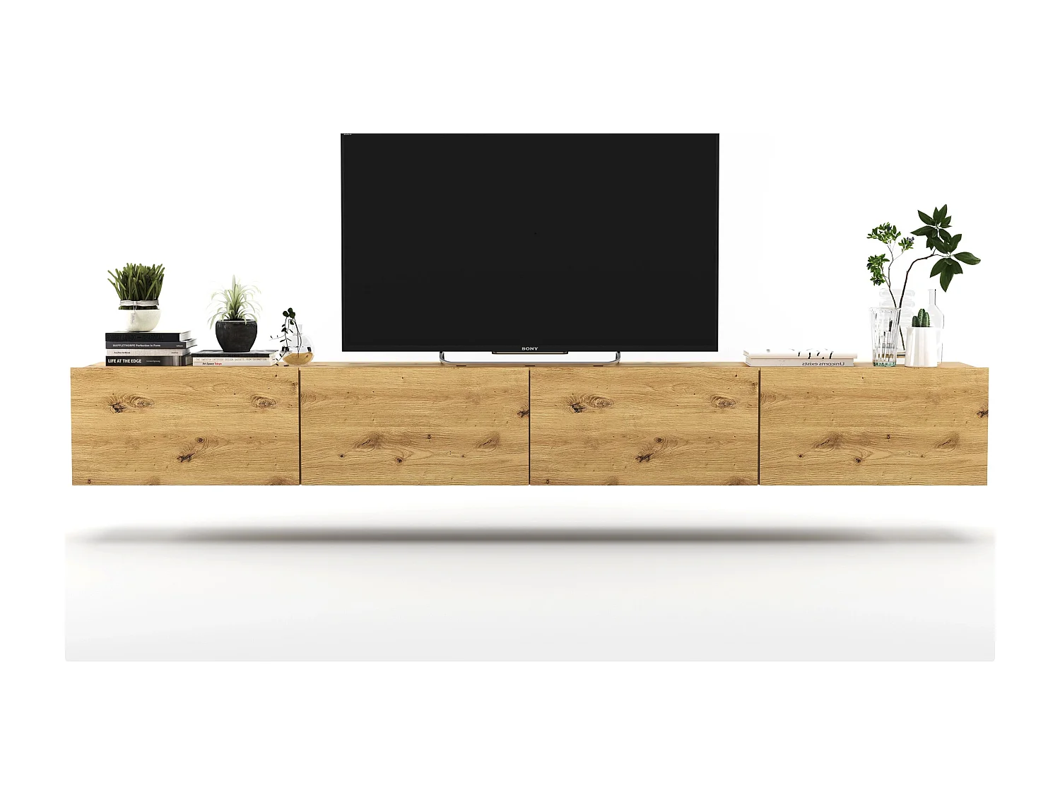 Meuble TV suspendu avec 4 portes - corps Chêne artisanal mat, façades Chêne artisanal mat - 240 cm