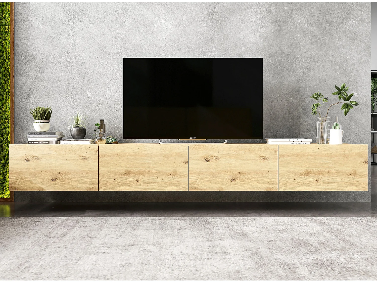 Wisząca szafka RTV z 4 drzwiami - korpus dąb artisan mat, fronty dąb artisan mat - 240 cm
