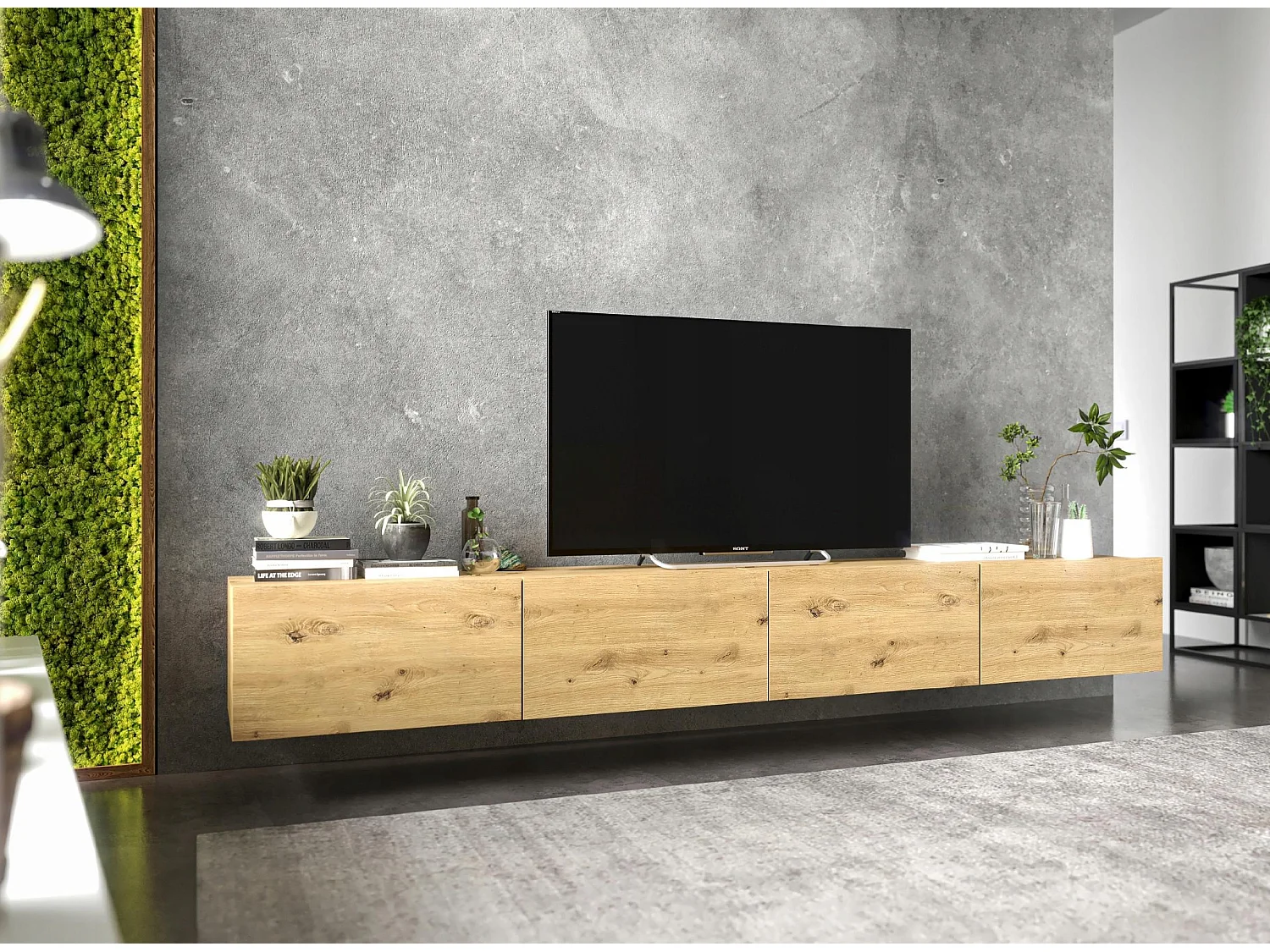 Wisząca szafka RTV z 4 drzwiami - korpus dąb artisan mat, fronty dąb artisan mat - 240 cm