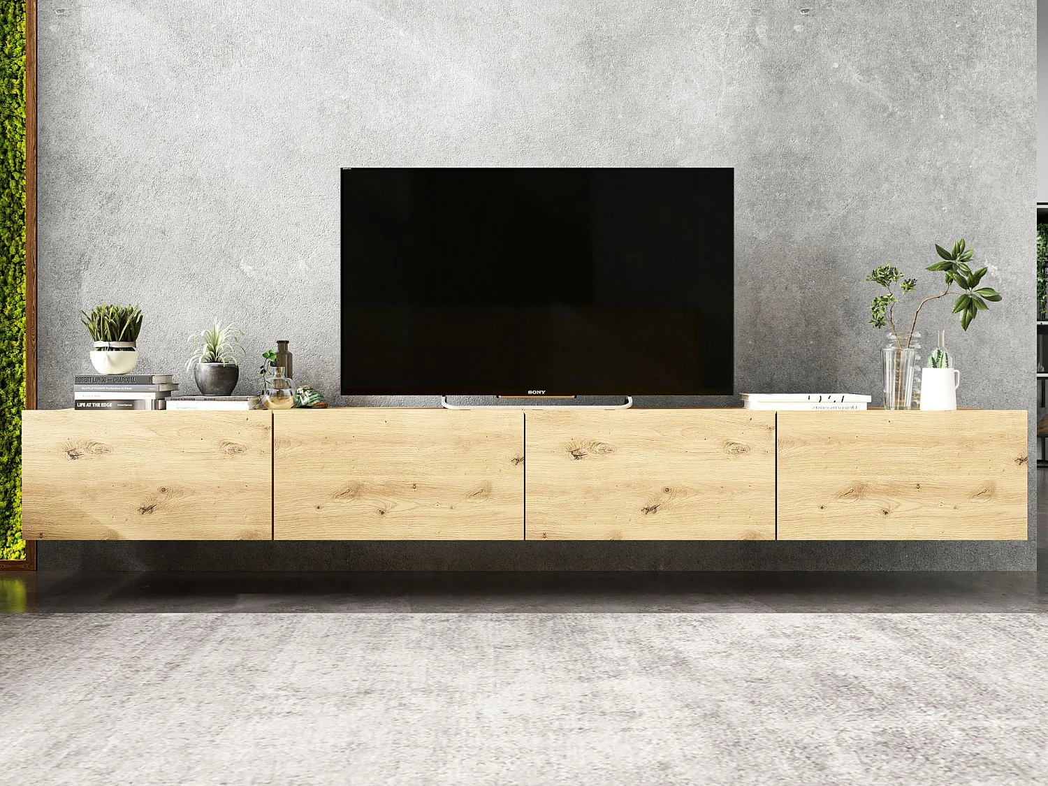 Wisząca szafka RTV z 4 drzwiami - korpus dąb artisan mat, fronty dąb artisan mat - 240 cm