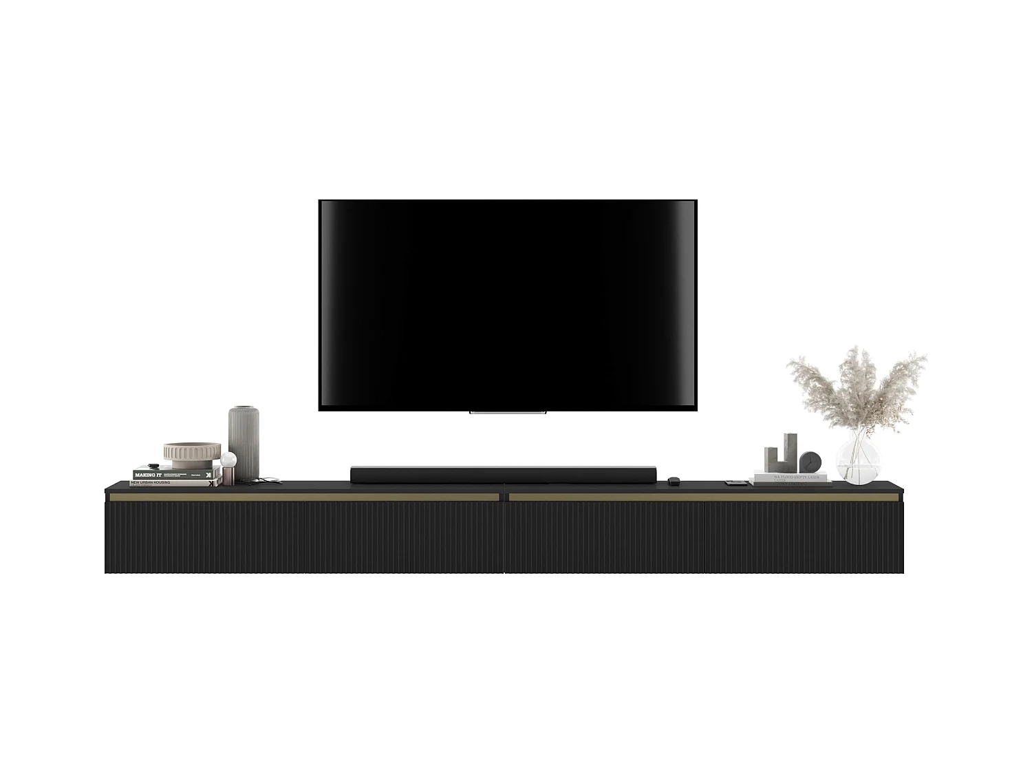 Meuble TV suspendu avec 4 portes - Corps Noir mat, façades rainurées Noir mat - 280 cm