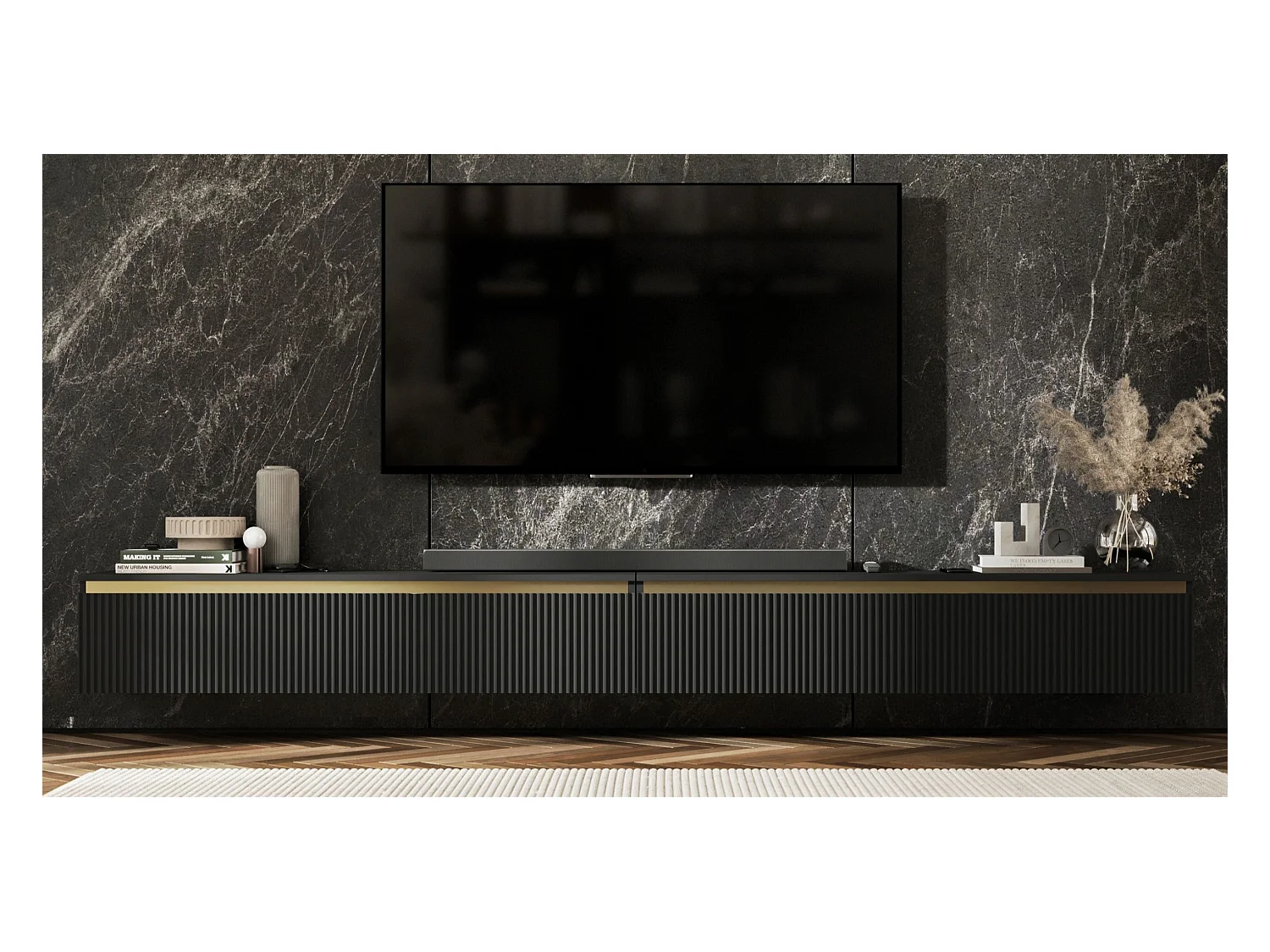 Meuble TV suspendu avec 4 portes - Corps Noir mat, façades rainurées Noir mat - 280 cm