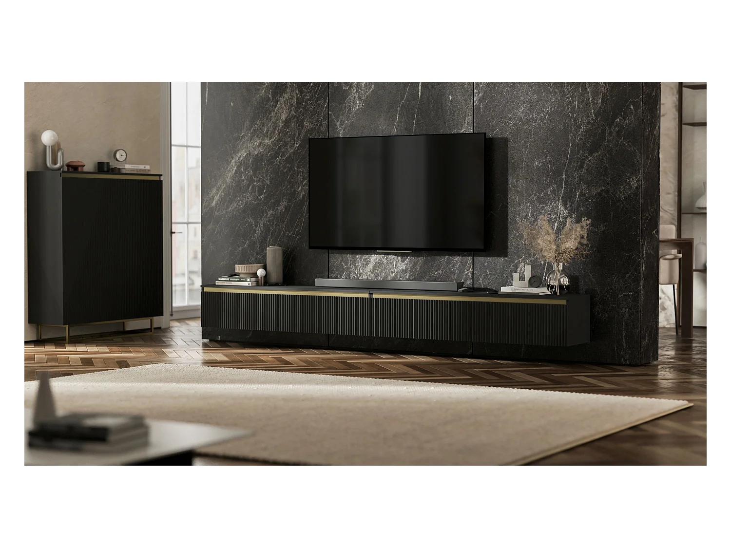 Meuble TV suspendu avec 4 portes - Corps Noir mat, façades rainurées Noir mat - 280 cm