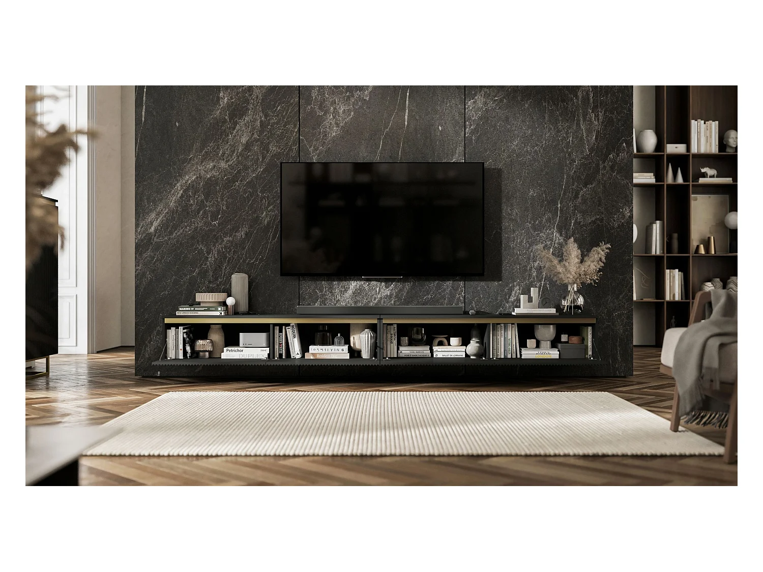 Meuble TV suspendu avec 4 portes - Corps Noir mat, façades rainurées Noir mat - 280 cm