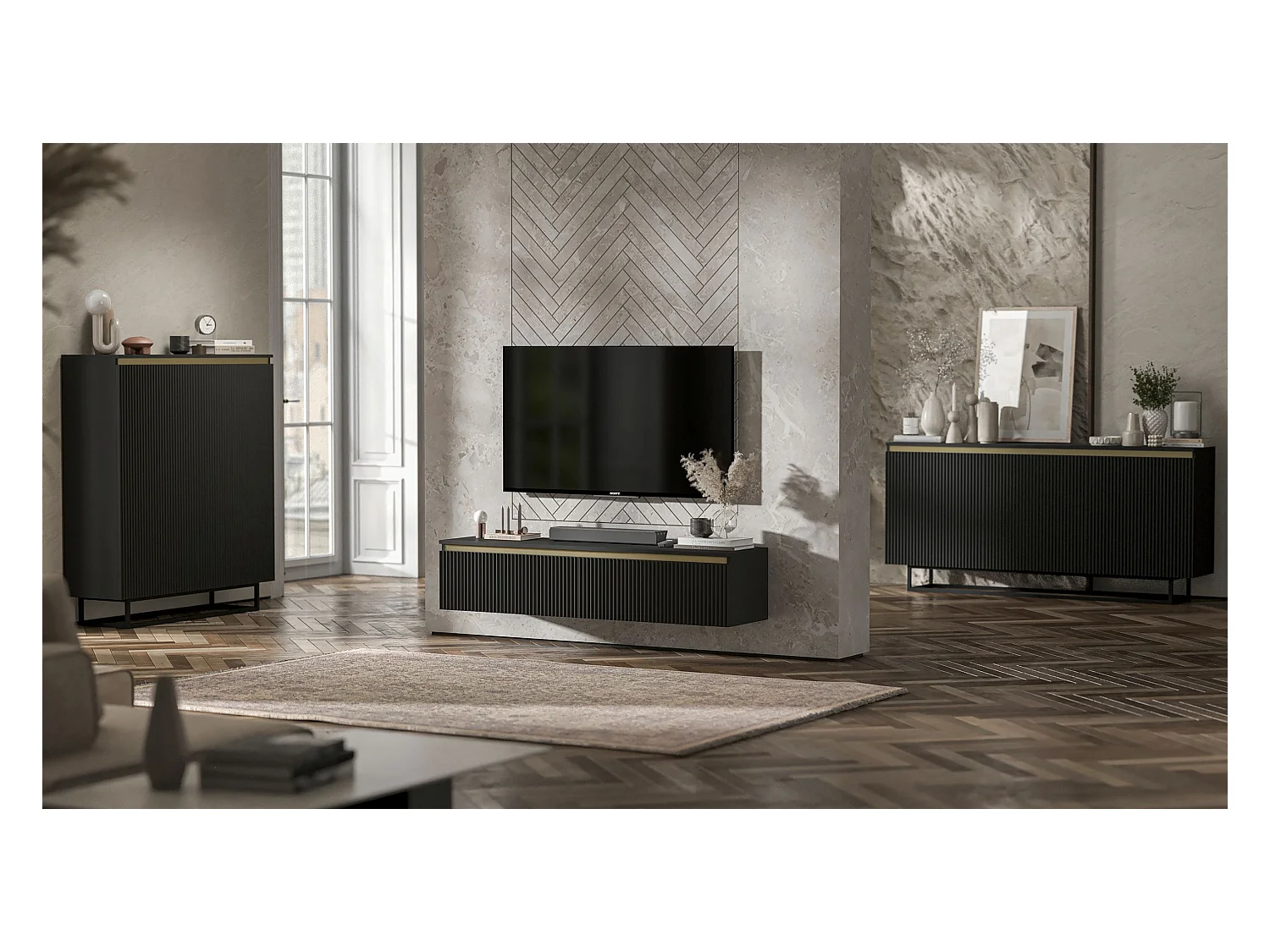 Meuble TV suspendu avec 4 portes - Corps Noir mat, façades rainurées Noir mat - 280 cm