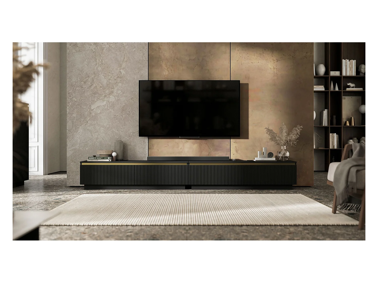 Meuble TV suspendu avec 4 portes - Corps Noir mat, façades rainurées Noir mat - 280 cm